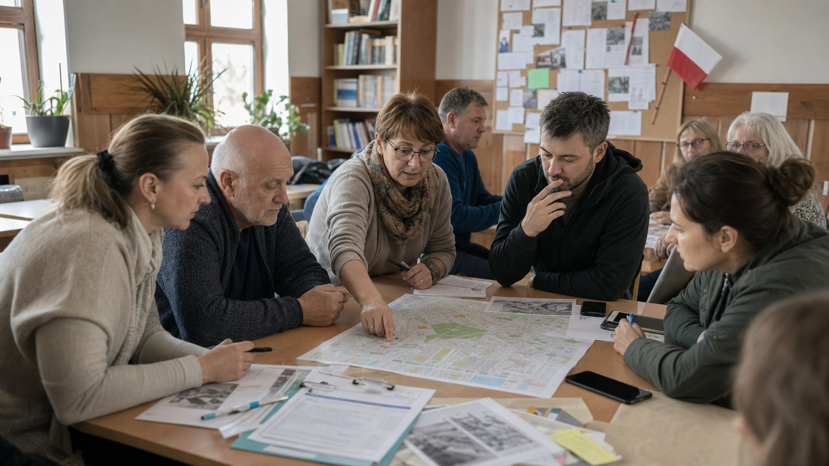 Mieszkańcy przy stole omawiają lokalny problem, mapę okolicy i dokumenty potrzebne do obywatelskiej inicjatywy.